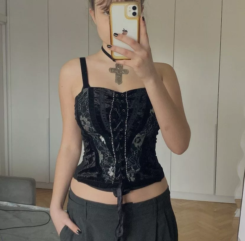 Vintage Tank Tops Vintage velour corset top Black