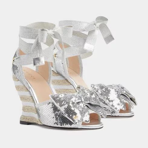 Gucci Miscellaneous Gucci Bow Sequin Espadrille Sandals SIZE 36 Silver