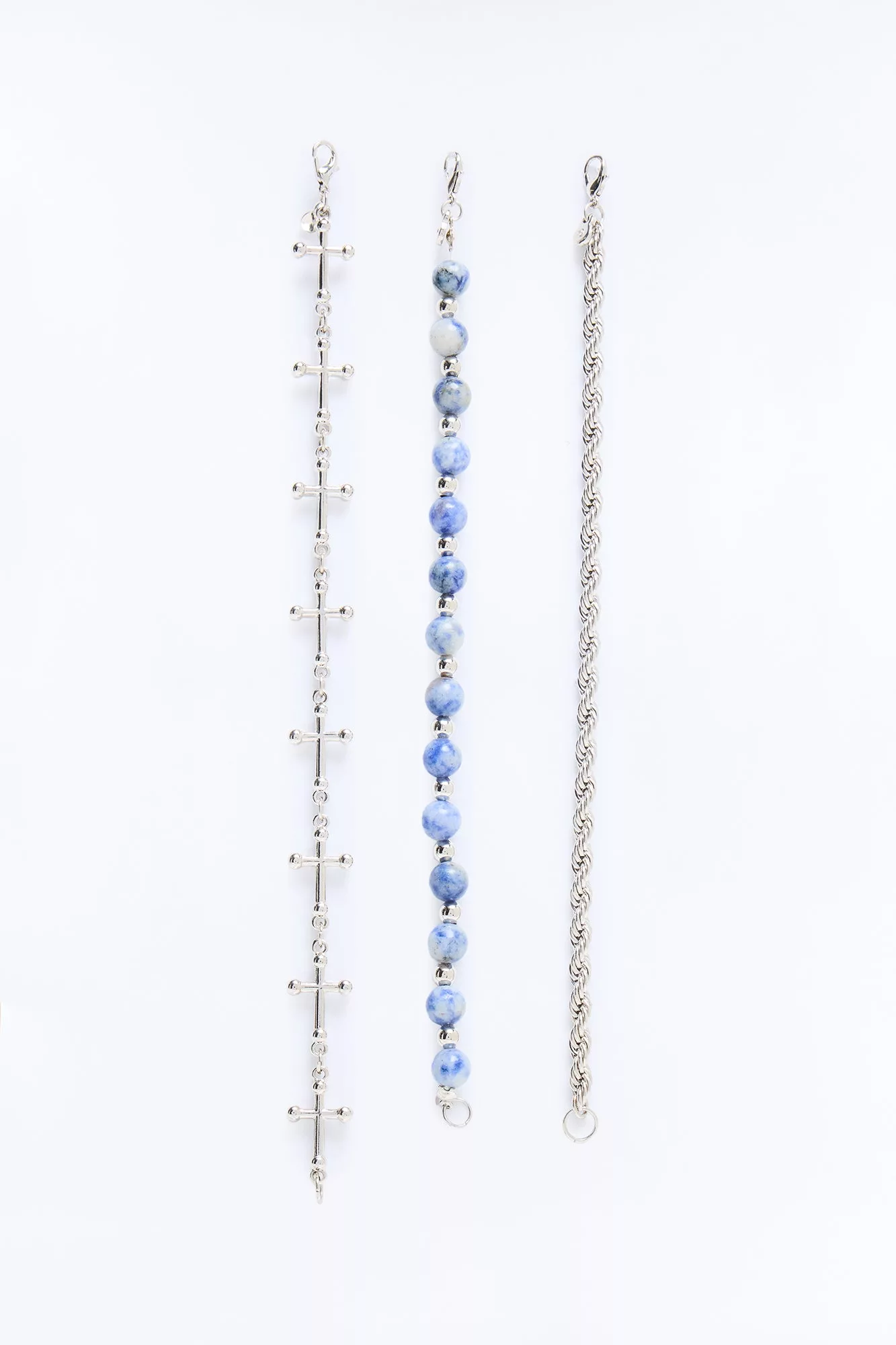 Interlinked Cross Beaded Bracelet Set - Silver