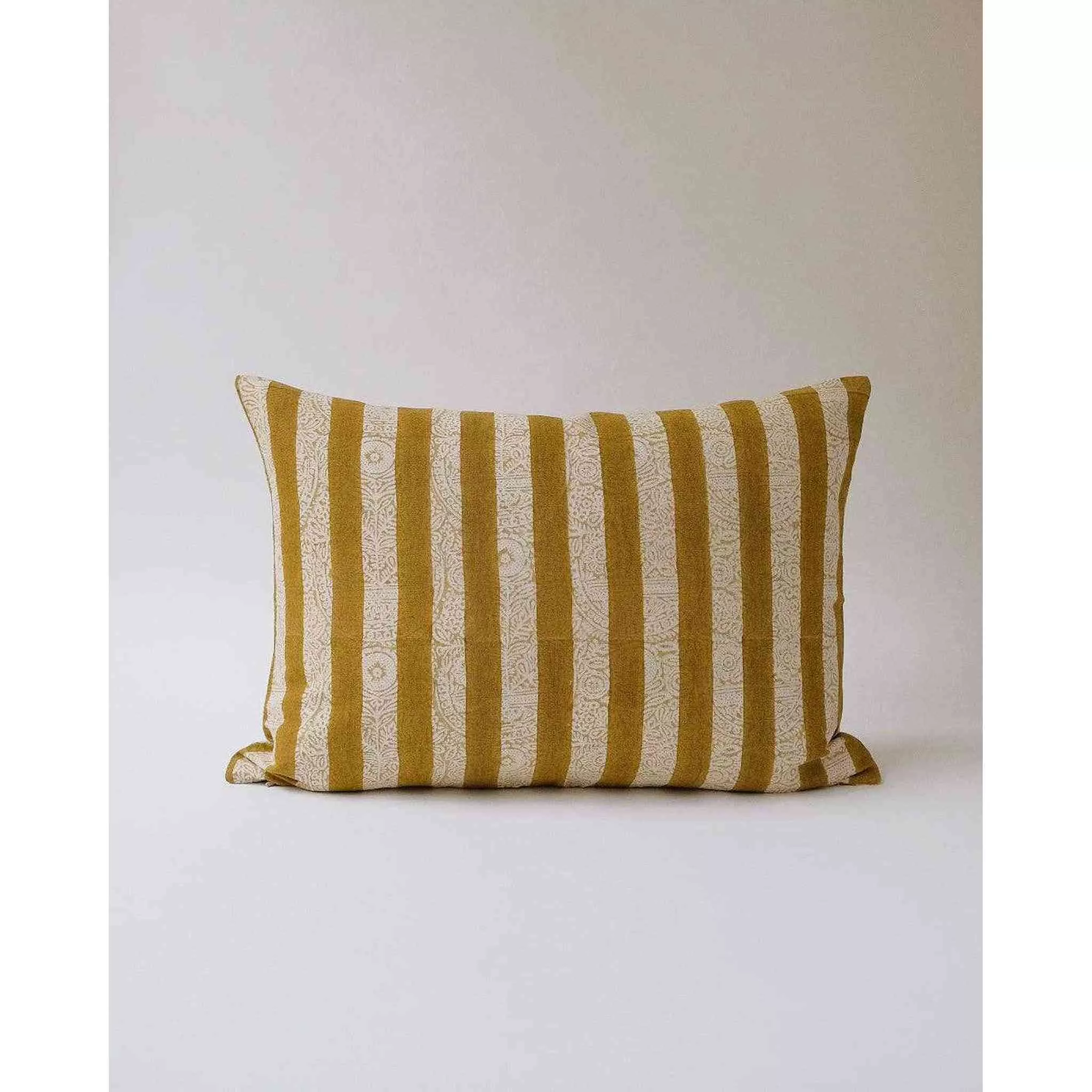 A khaki sage linen pillowcase with a striped hand-block print. - Curated Home Decor