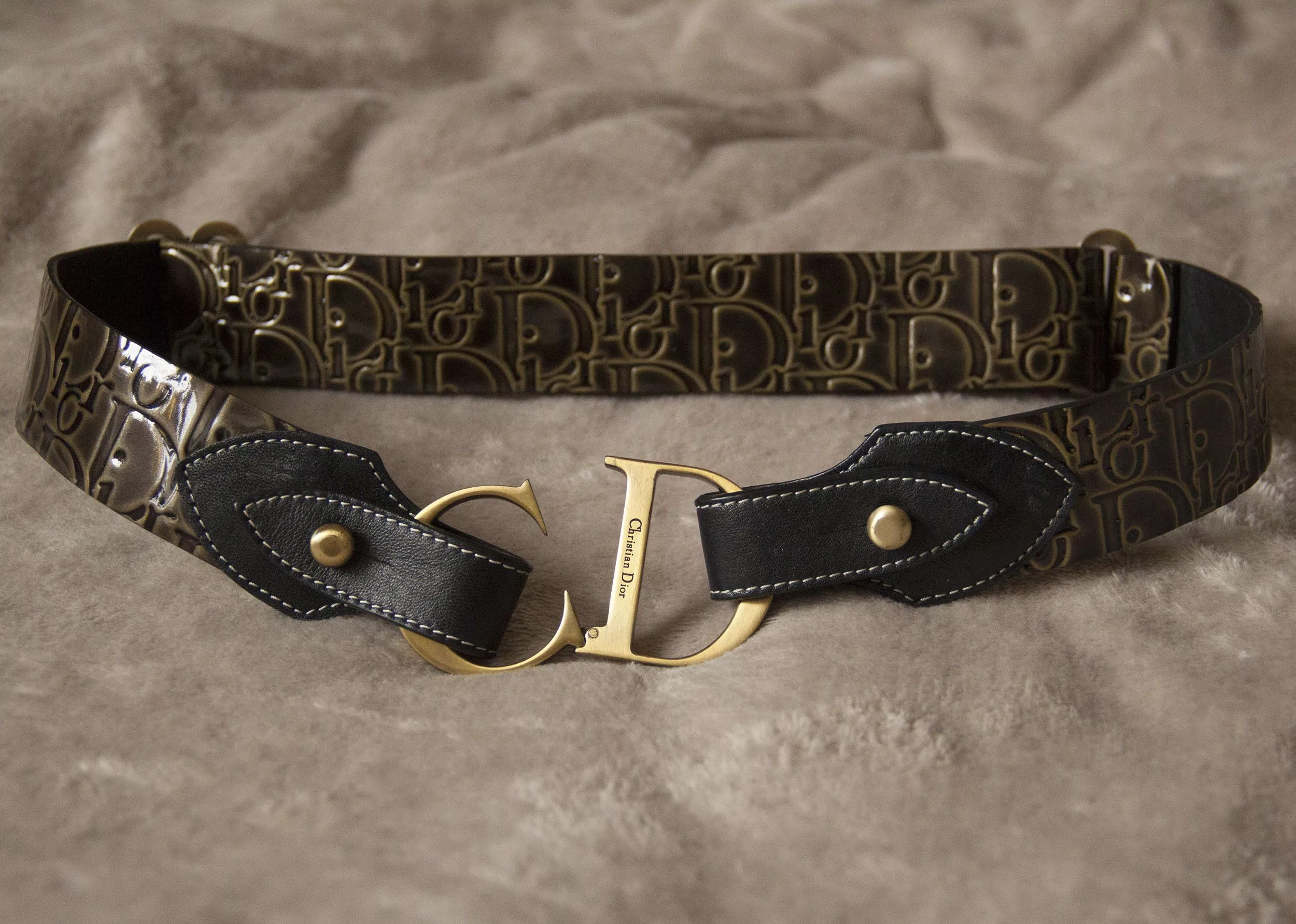 Dior Belts Dior × John Galliano × Vintage Christian Dior monogram patent leather adjustable belt Brown