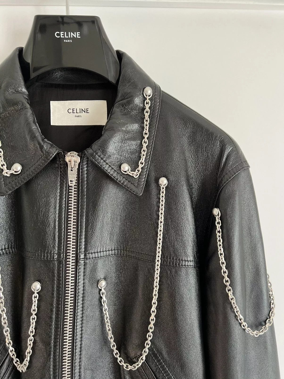 Celine Leather Jackets Celine × Hedi Slimane CELINE Oversized chains Leather Blouson Jacket Black