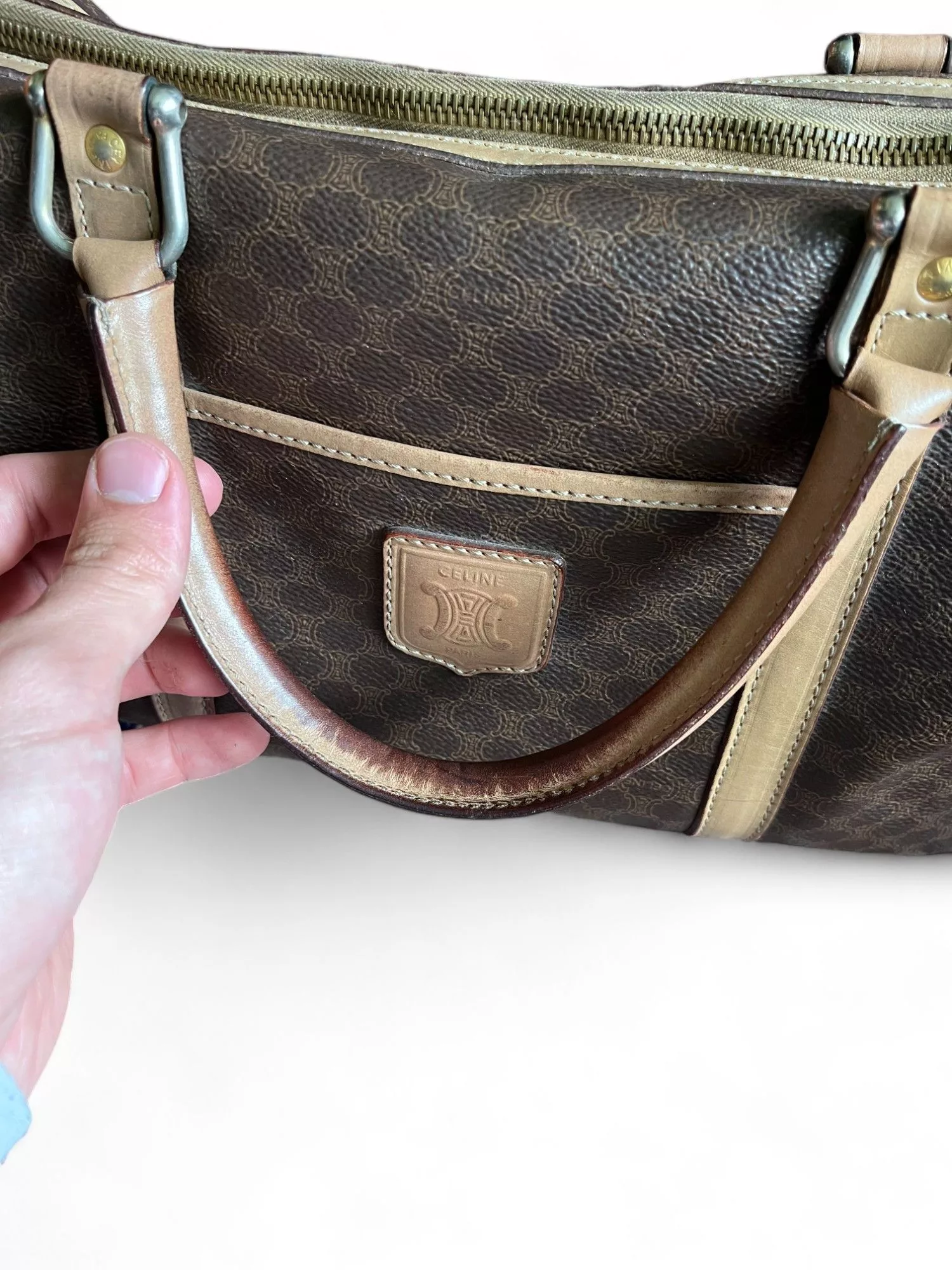 Celine Handle Bags Celine - Mini Boston Handbag Brown Beige Leather Monogram