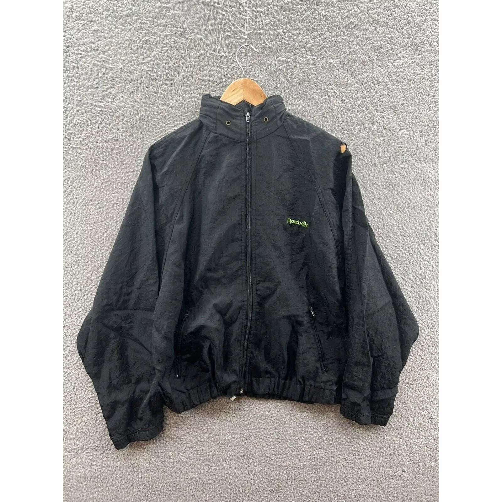 Reebok Light Jackets Reebok Windbreaker Jacket Neon Green Logo Packable Hood Black