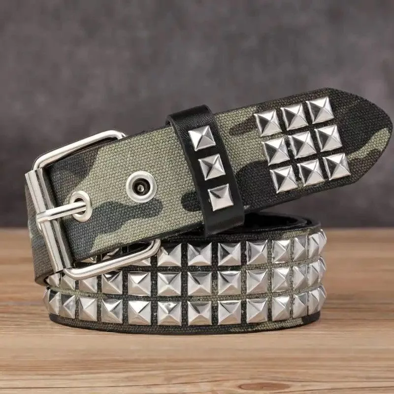 Leather Belts Leather 130cm Camo Rivets Punk Style Belt Multi Streetwear