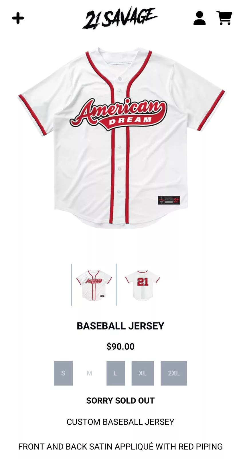 21 Savage Jerseys 21 Savage American Dream Baseball Jersey Size M White