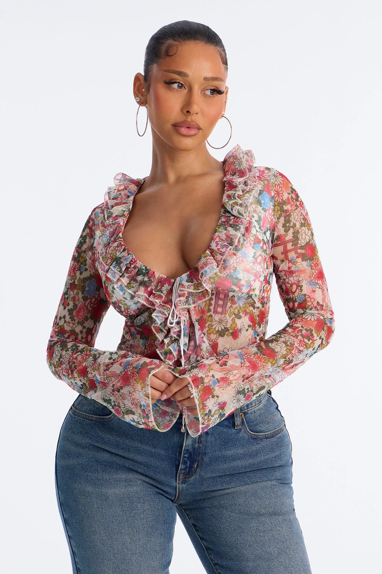 Alexa Ruffle Floral Mesh Long Sleeve Top - Multi Color