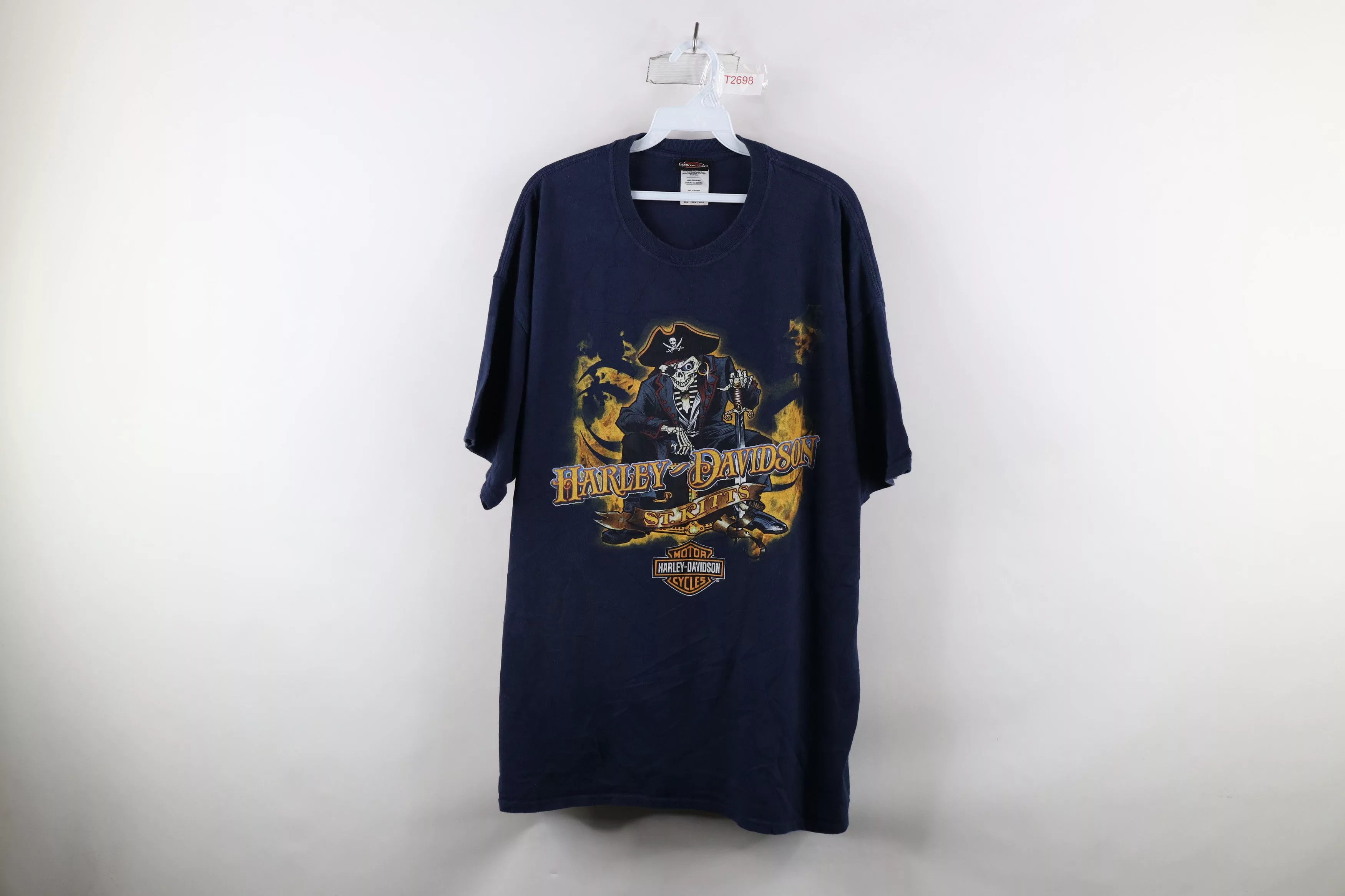 Harley Davidson Short Sleeve T Shirts Harley Davidson × Vintage Vintage Harley Davidson Skull Fire Flames T-Shirt Blue