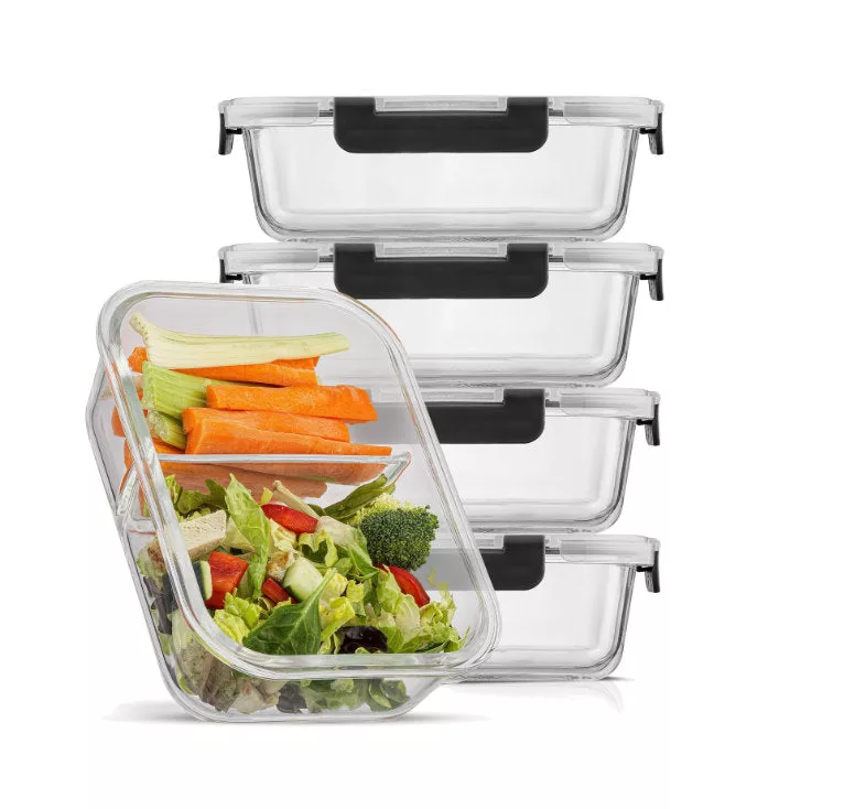 2 Sectional Glass Food Containers Airtight Lids 5/set Black
