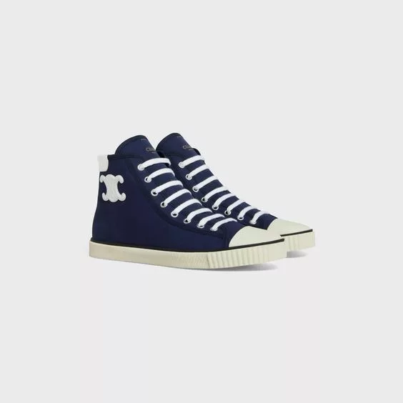 Celine Hi Top Sneakers Celine o1bcso1str0724 Mid Lace Up Sneaker Canvas & Calfskin in Navy Blue