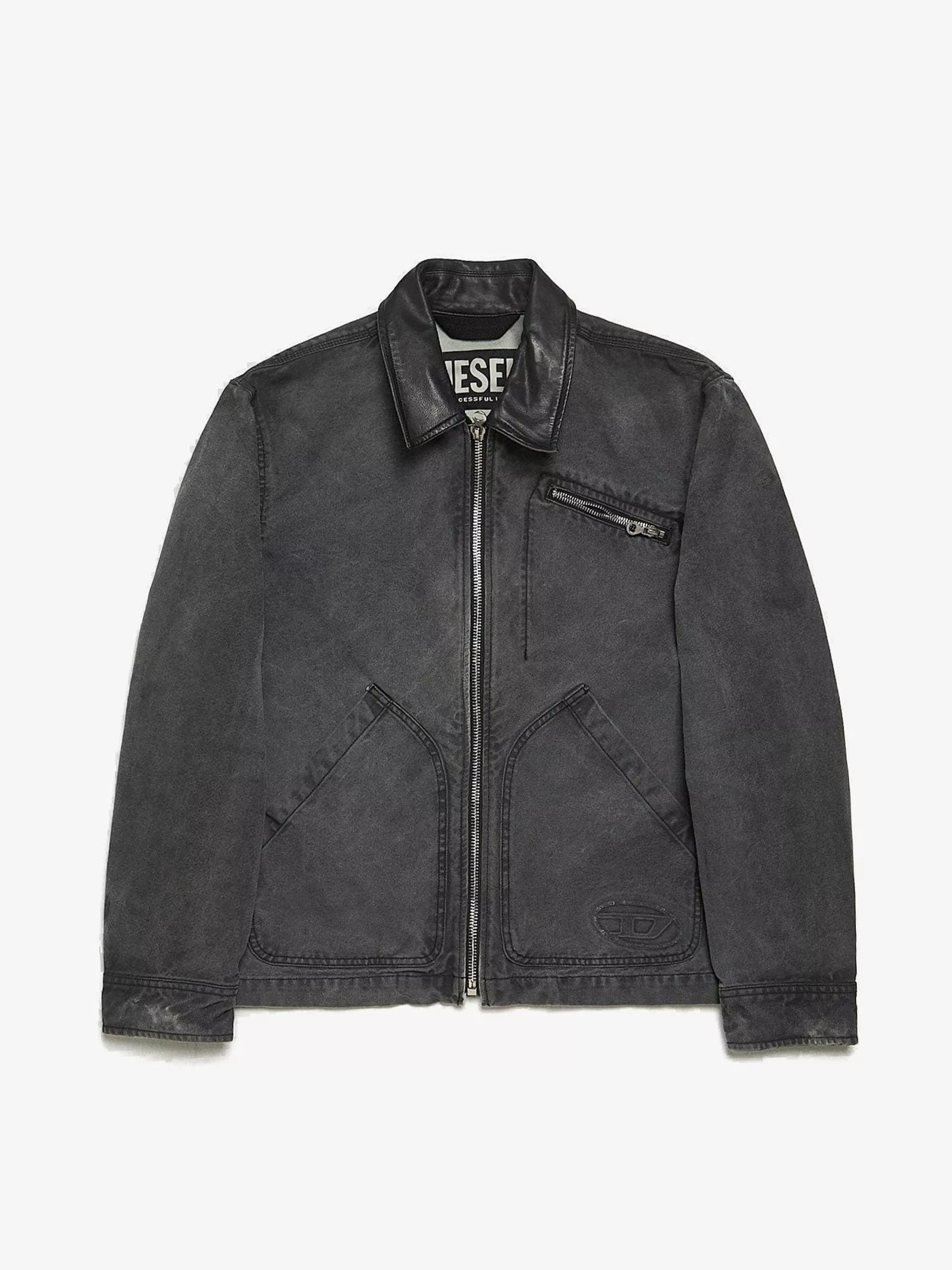 Diesel Parkas Diesel Gray Washed Leather Collar Zipped Denim Jacket