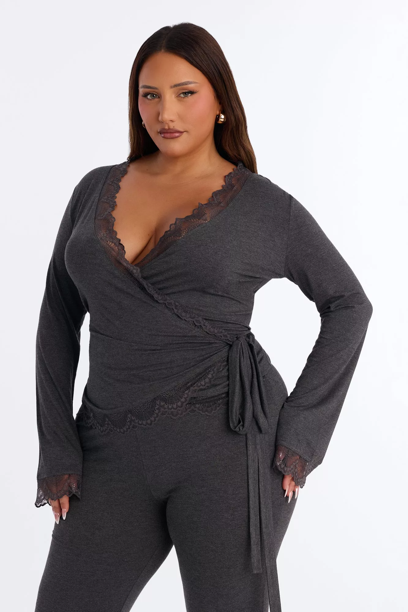 Danielle Lace Trim Wrap Pant Set - Charcoal