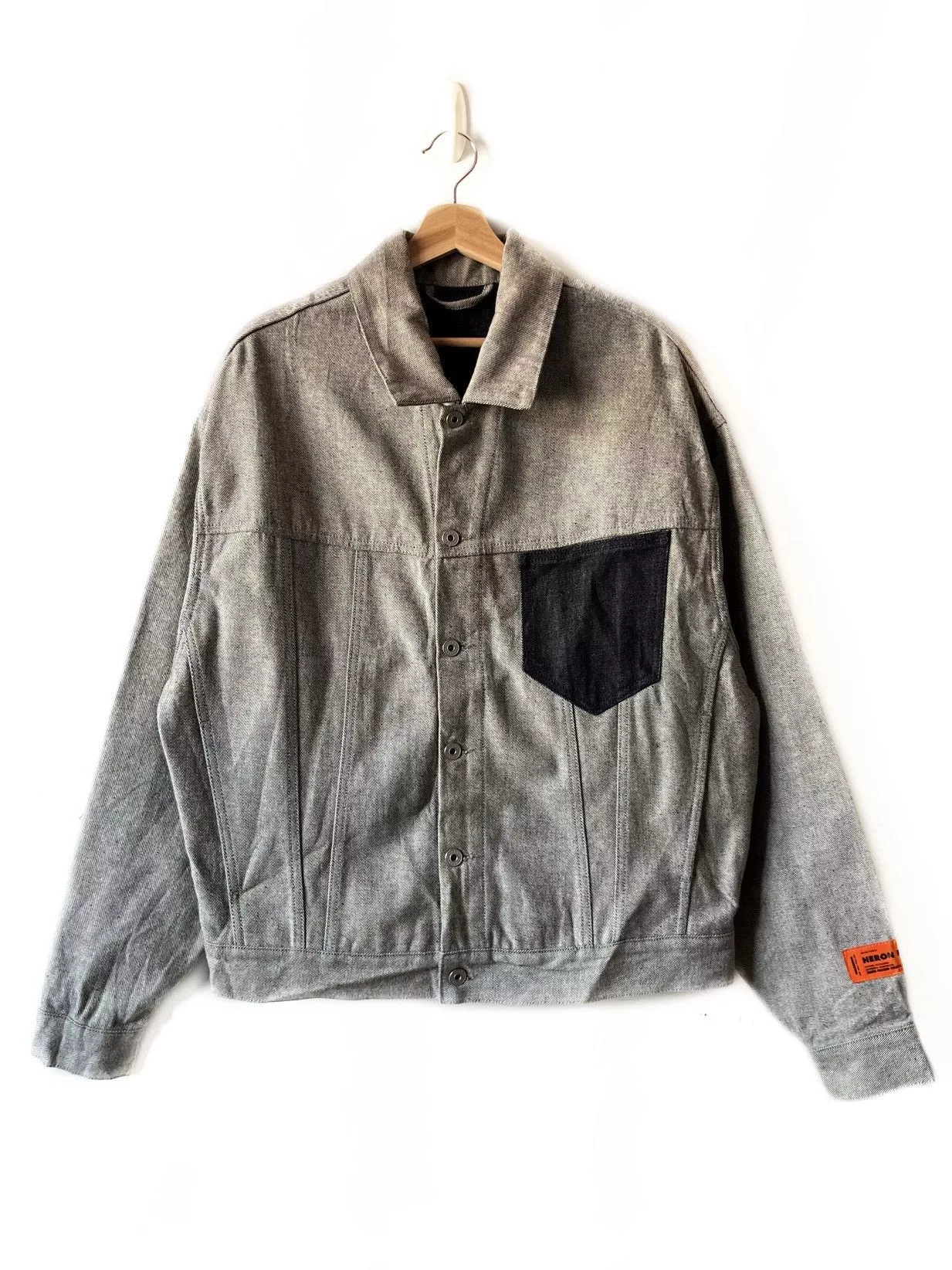 Designer Denim Jackets Designer × Heron Preston Heron Preston Raw Denim Trucker Jacket Gray Streetwear