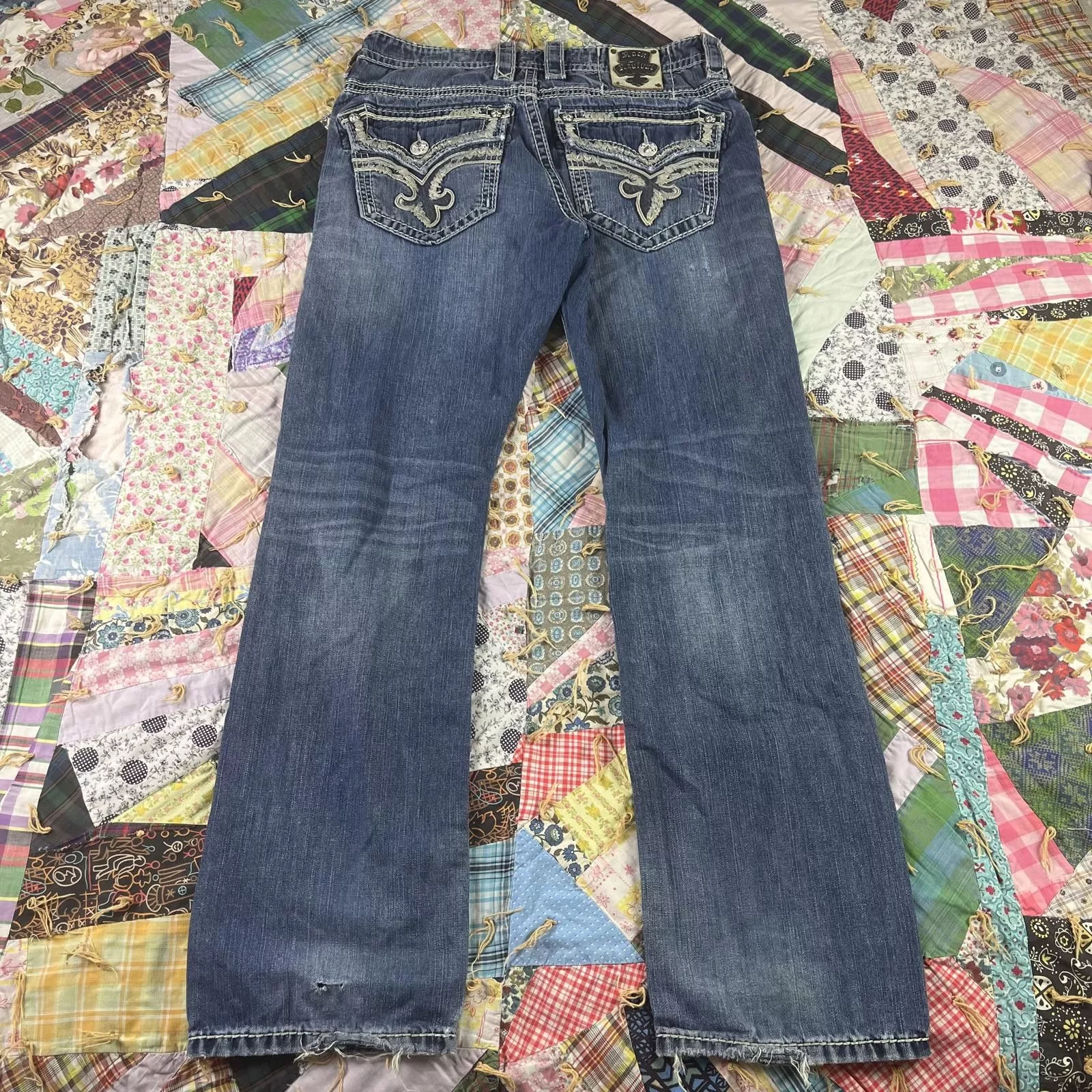 Rock Revival Denim Rock Revival × Vintage Y2K Style Distressed Repaired Rock Revival Straight Jeans Blue Streetwear