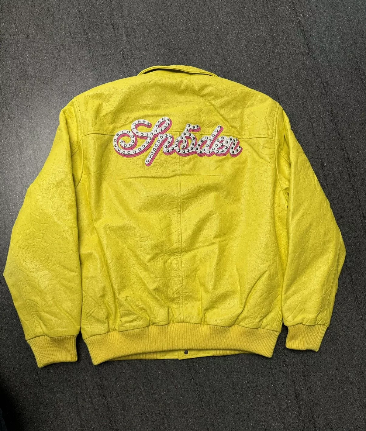 Sp5der Leather Jackets Sp5der Debossed Web Leather Jacket Yellow
