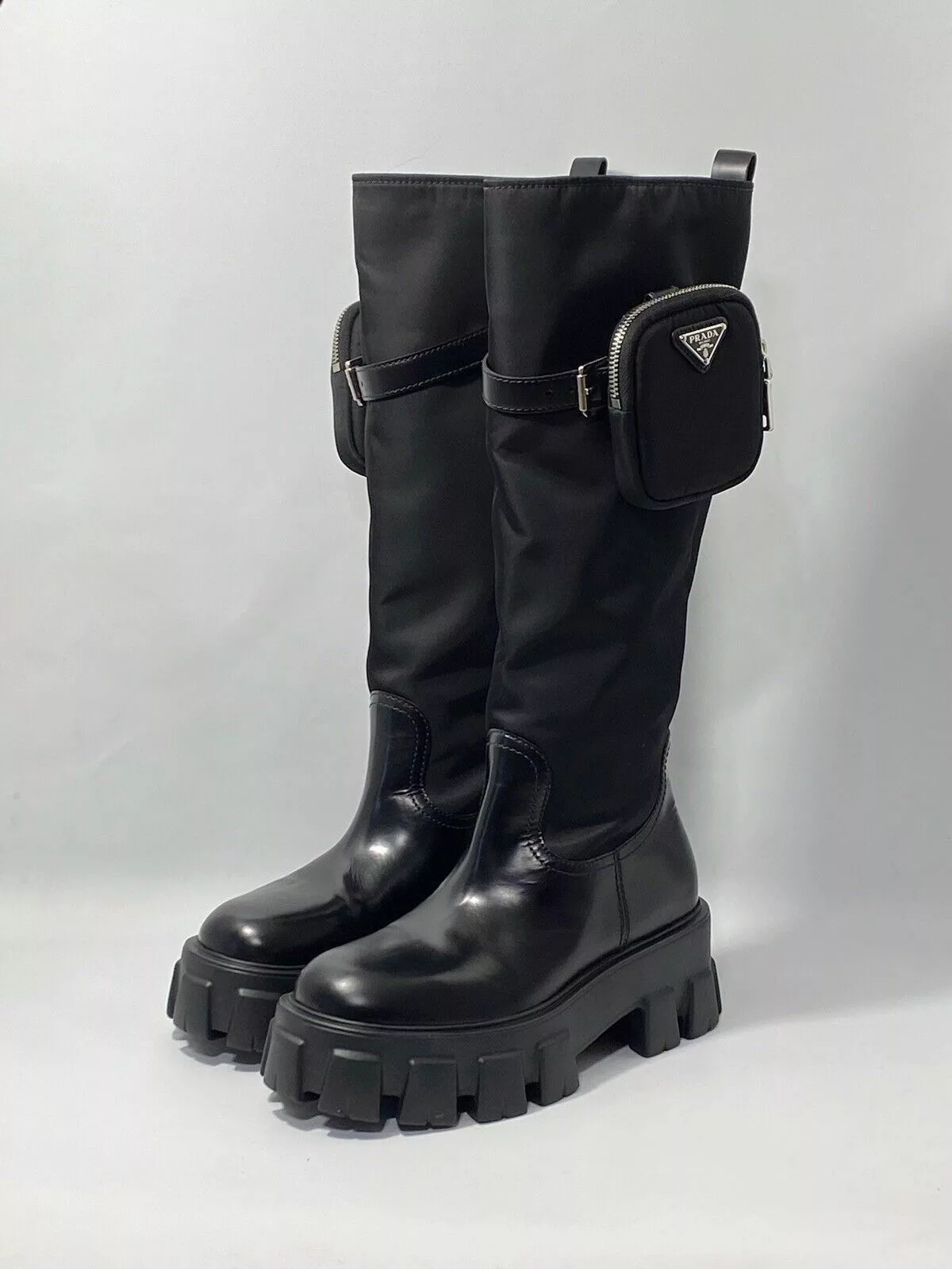 Prada Boots Prada Monolith Re-Nylon Gabardine Knee High Boots with Pouch Black