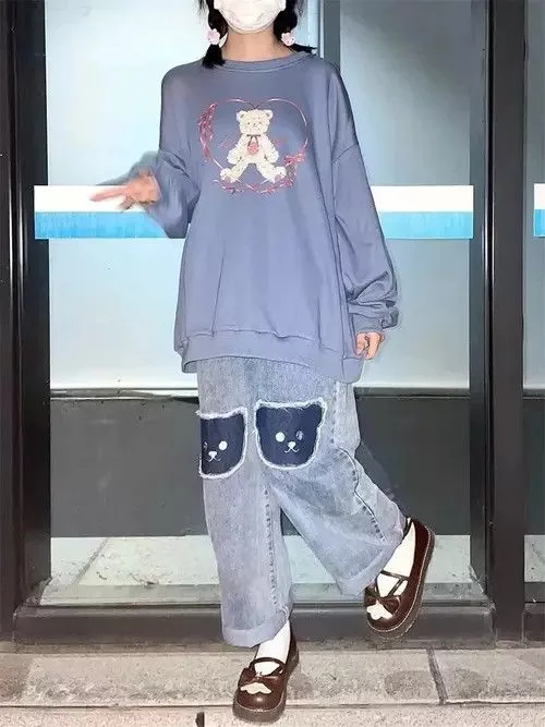Japanese Brand Jeans Japanese Brand × Vintage Cute Hip Hop Bear Jeans Girls Cool Harm Pants Trousers Blue Streetwear