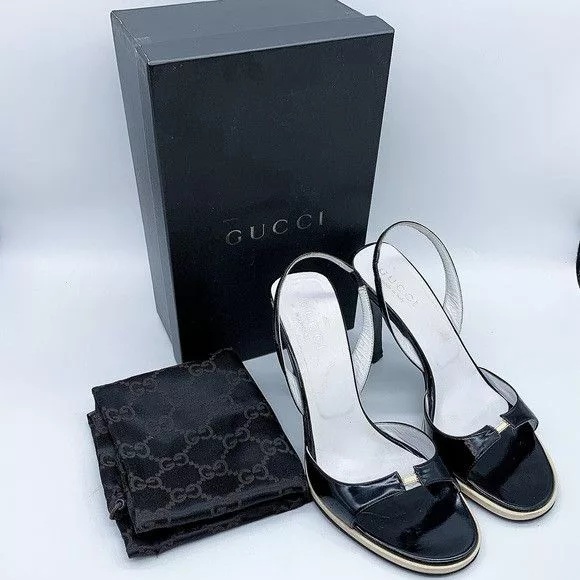 Gucci Heels Gucci Open-Toe High Heeled Sandal in Black Patent Leather