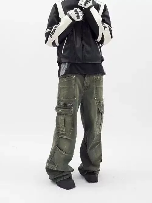 Japanese Brand Denim Japanese Brand × Jean Retro washed distressed workwear loose wide leg jeans Multi Streetwear