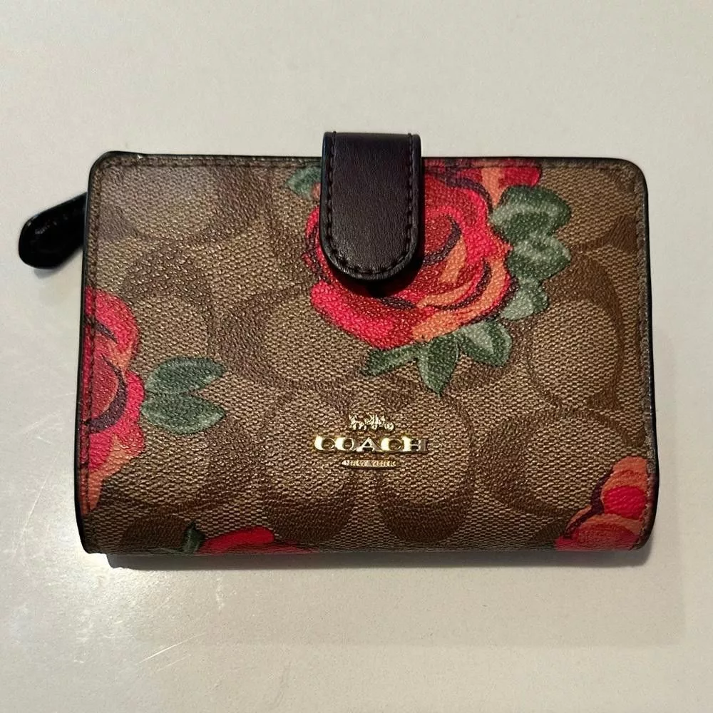 Coach Wallets COACH Bifold Medium Wallet Corner Zip Signature Floral Rose Brown