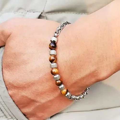 Handmade Jewelry Watches Handmade 6mm Brown Stone Beads Stainless Steel Bracelet Multi