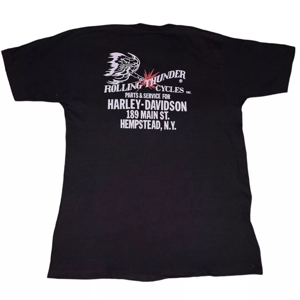 Harley Davidson Short Sleeve T Shirts 1986 Harley Davidson 3D Emblem Rolling Thunder Cycles NY Tee Black