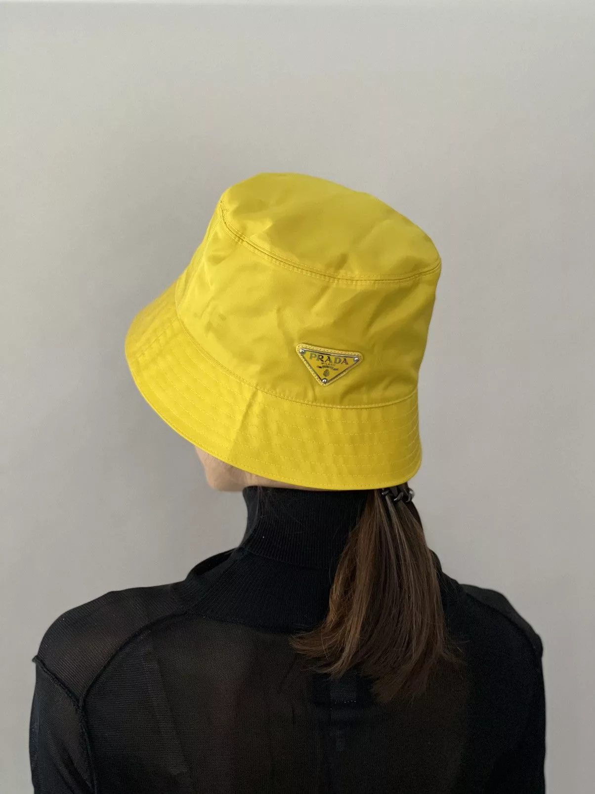 Prada Hats Prada Nylon Bucket with triangle logo Yellow
