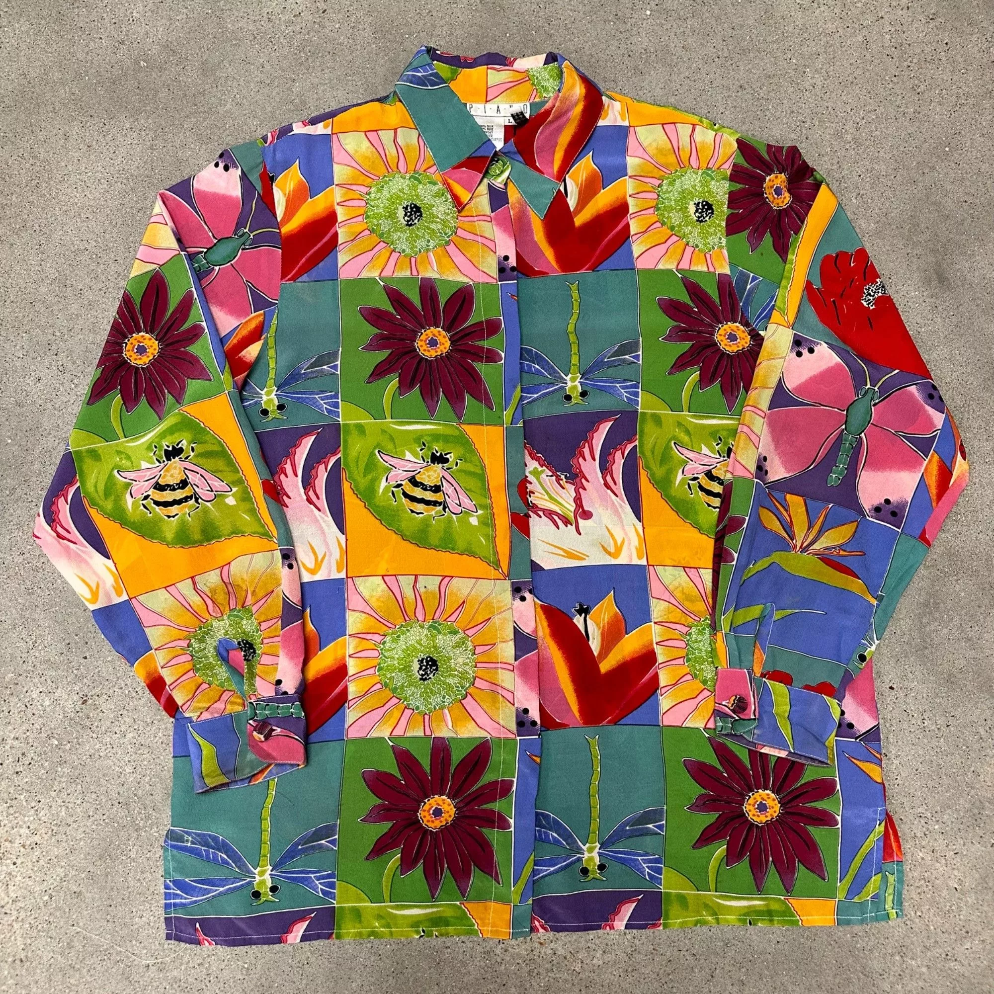 Vintage Shirts Button Ups Vintage Unique Silk Flower Patchwork Button Up Shirt Multi