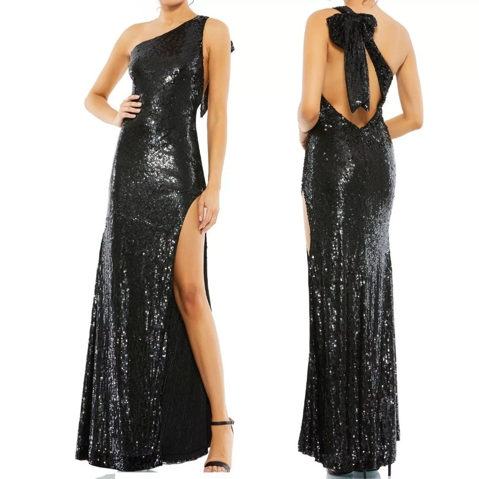 Designer Midi Dresses Designer Mac Duggal. Sequined One Shoulder Back Bow Detail Gown. Black