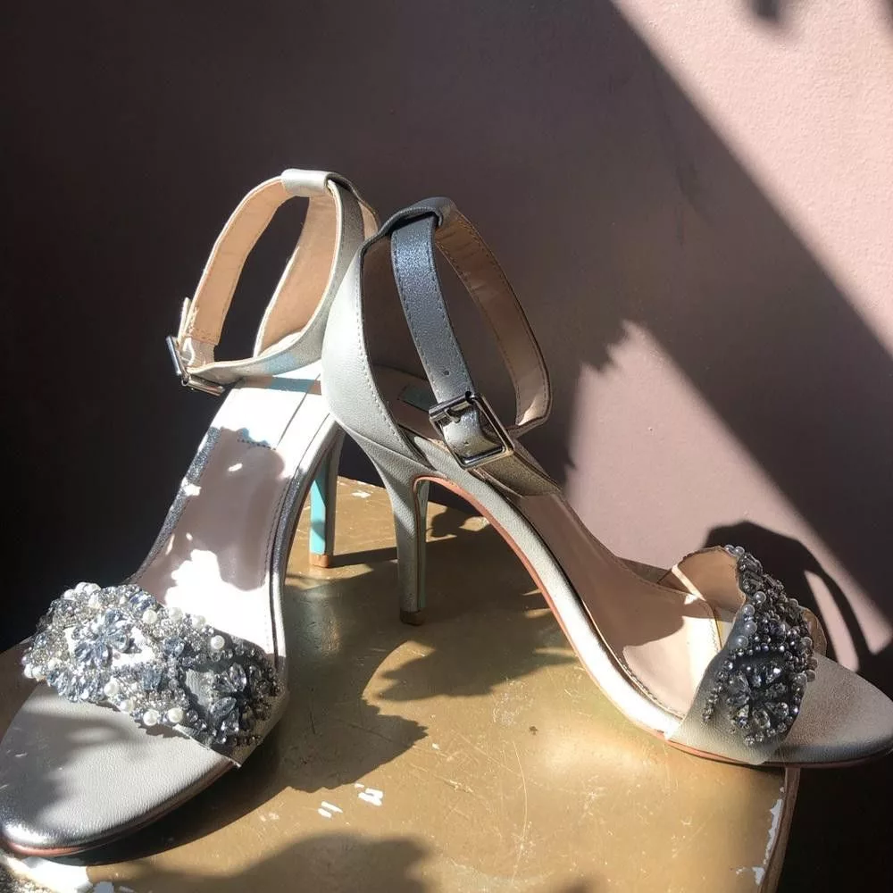 Designer Heels Designer Strap heels pumps. Silver with pearls and stones.