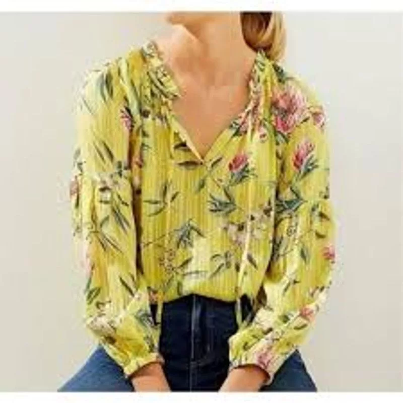 Loft Short Sleeve T Shirts LOFT Yellow Floral Pleated Tie Neck Blouse