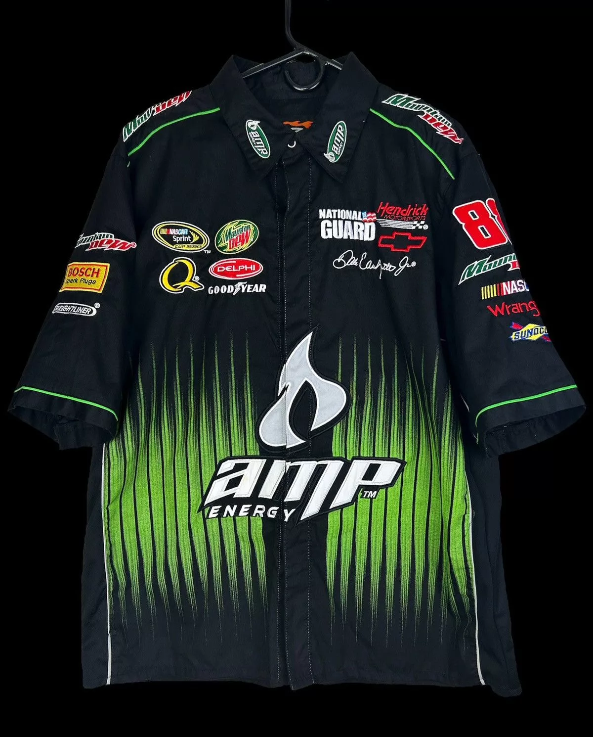 NASCAR Shirts Button Ups NASCAR Dale Earnhardt JR Embroidered Mtn Dew AMP Energy Pit Crew Black Workwear