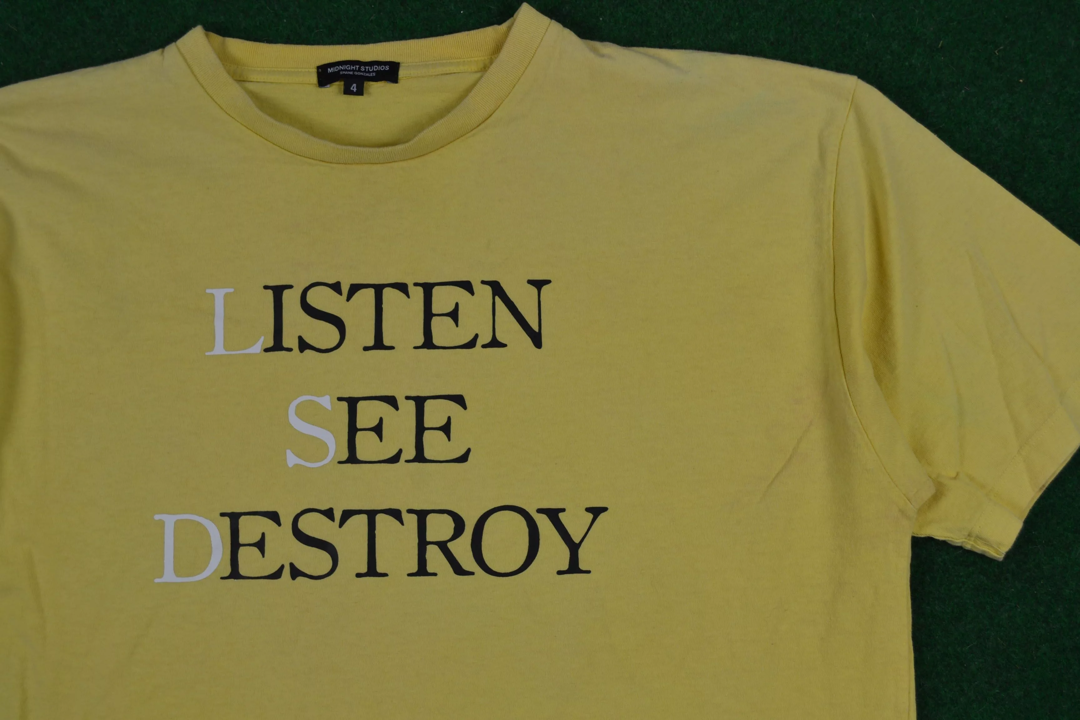 Midnight Studios Short Sleeve T Shirts Midnight Studios Midnight Listen See Destroy LSD Tee Shirt Rave Rocky Shane Yellow