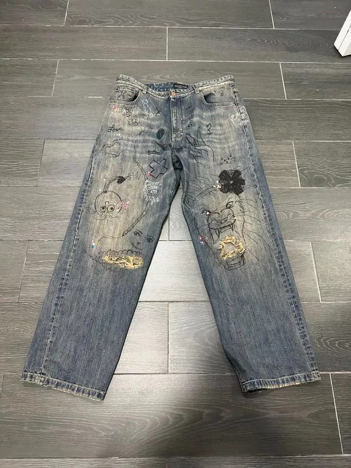 Balenciaga Denim Balenciaga SS23 Dark Distressed Rhinestone Denim Blue