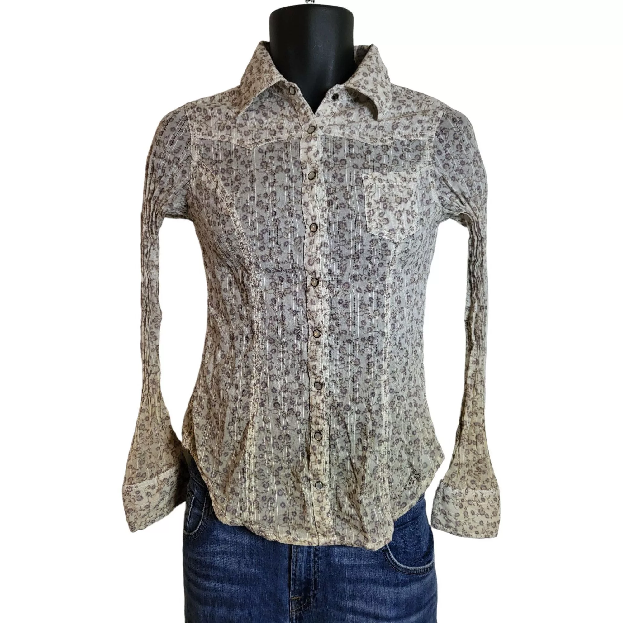 Guess Button Ups Guess Los Angeles Shirt Women Sz S Pearl Snap Long Sleeve Fl Brown