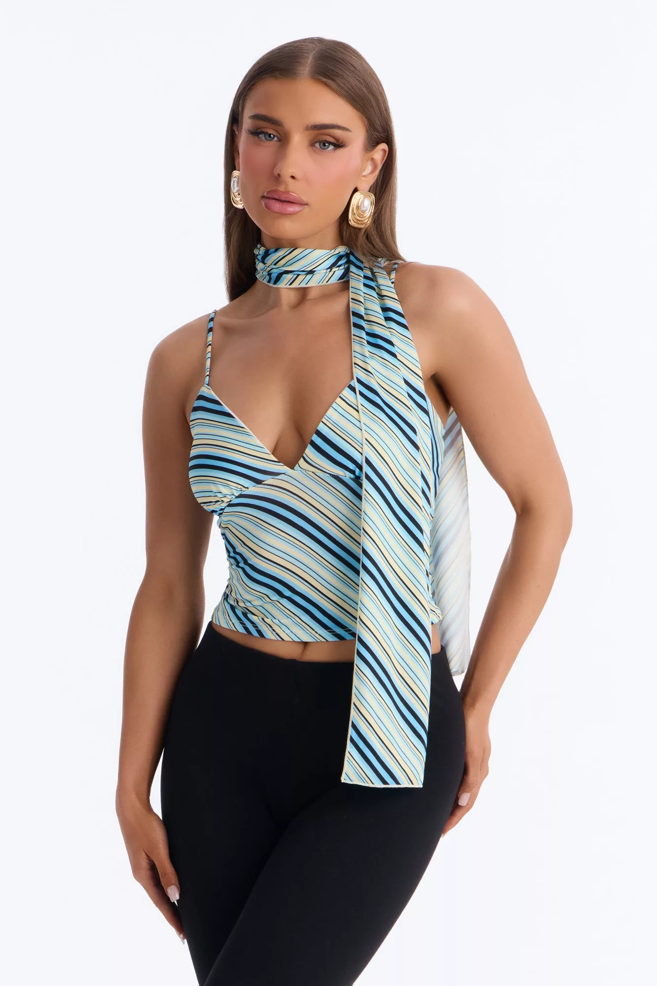 Elaina Striped V-Neck 2 Piece Top - Blue/combo