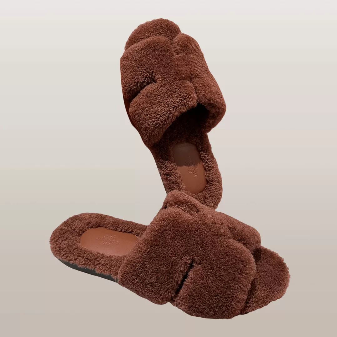 Hermes Sandals Hermes Izmir Cognac Brown Shearling Mule Sandals Multi