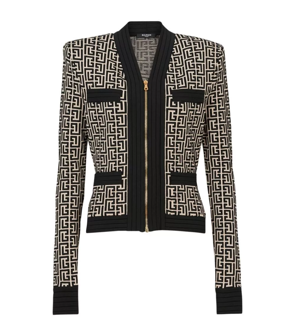 Balmain Jackets Balmain o1w1db10624 Zipped Monogram Knit Jacket Blue