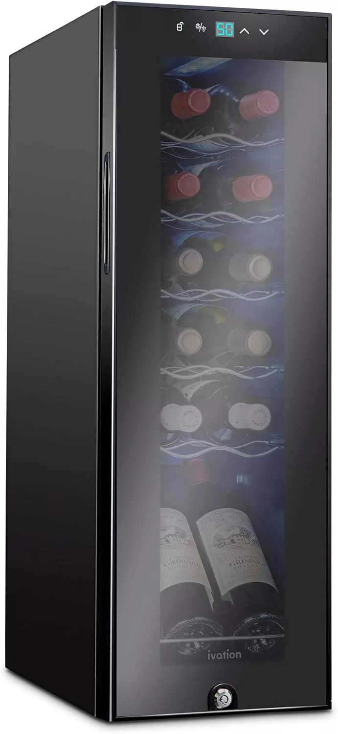 Ivation 12 Bottle Compressor Wine Cooler Refrigerator with Lock Digital Control Glass Door