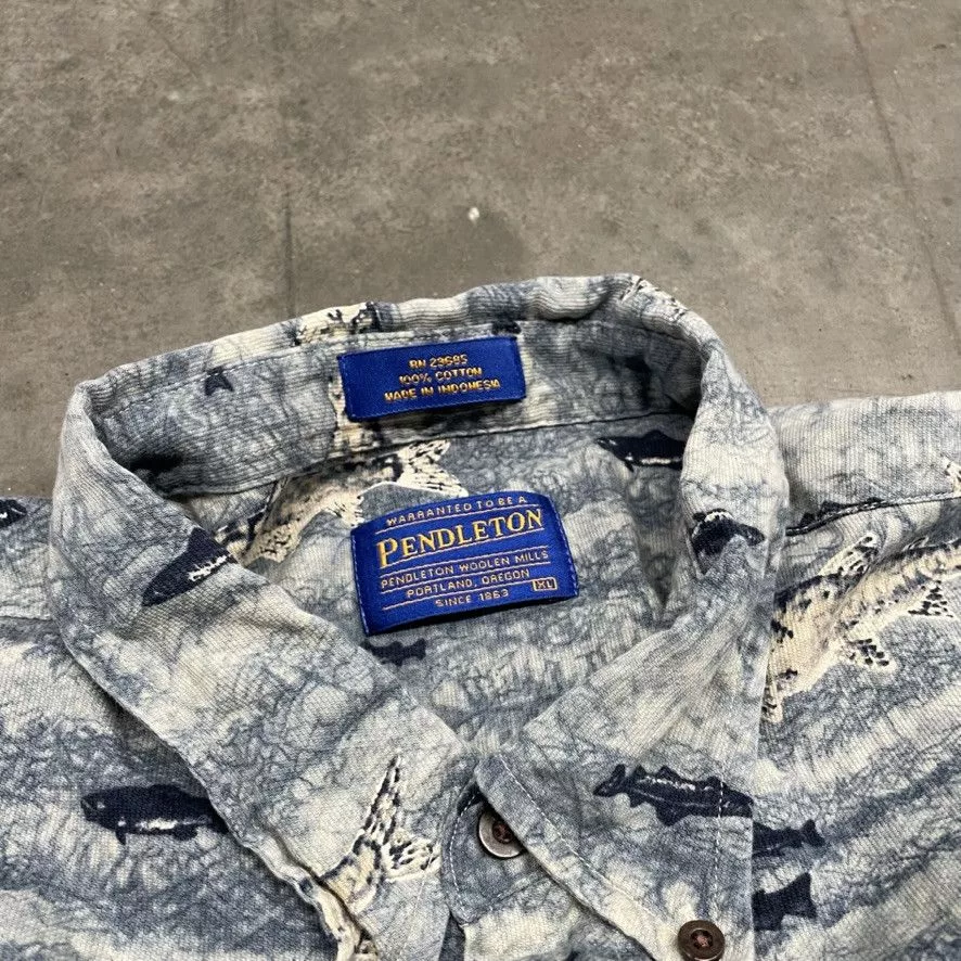 Pendleton Shirts Button Ups Vintage Pendleton Fishing Patterned Button Up Shirt 90s Blue