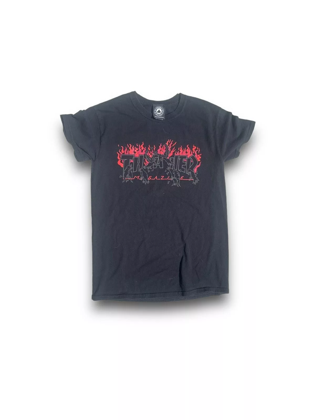 Thrasher Short Sleeve T Shirts Thrasher Skate Logo Crow Flame Tee Black Streetwear