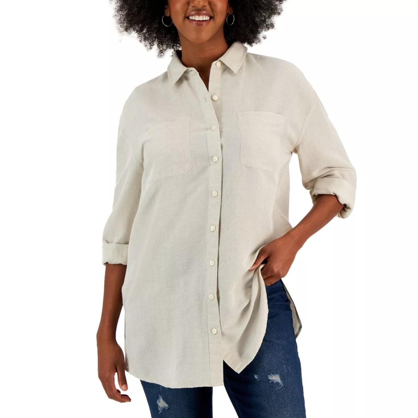 Other Button Ups Other Style & Co Petite Linen Blend Boyfriend Tunic Shirt, Flex, P Multi Streetwear